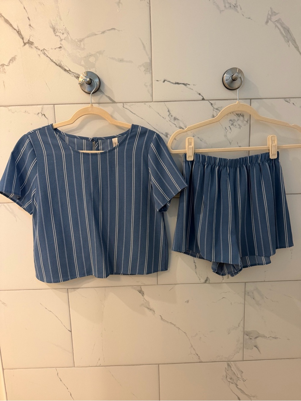 Peppermint Blue & White Striped Short Sleeve Top and Shorts Set